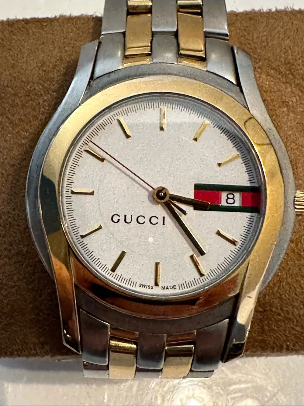 Vintage Gucci 5500M Two Tone Web Stripe Date Swiss Watch New Battery